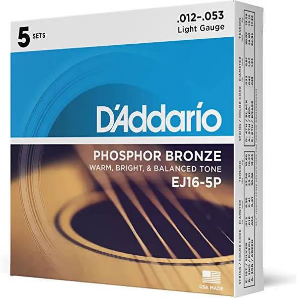 D'Addario-アコースティックギター弦5パックセットEJ16-5P Phospher Bronze Light 12-53