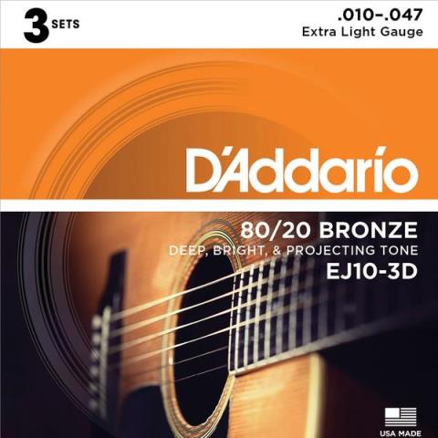D'Addario-アコースティックギター弦3パックEJ10-3D 80/20 Bronze Extra Light 10-47