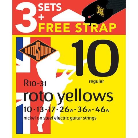 ROTOSOUND-エレキギター弦3パックセット&ストラップR10-31 Ncikel Regular 10-46 3Pack Set with Strap