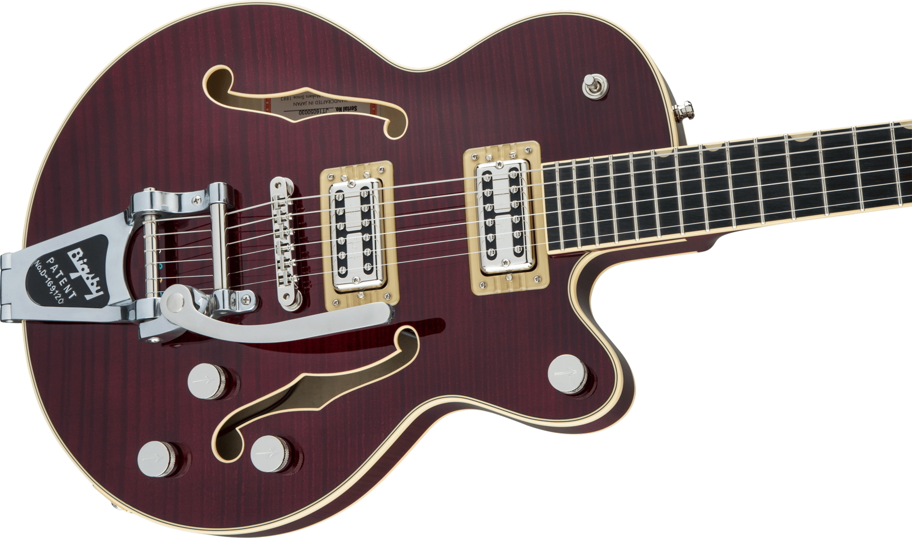 G6659TFM Players Edition Broadkaster Jr. Center Block Single-Cut with String-Thru Bigsby and Flame Maple, USA Full'Tron Pickups, Dark Cherry Stain追加画像
