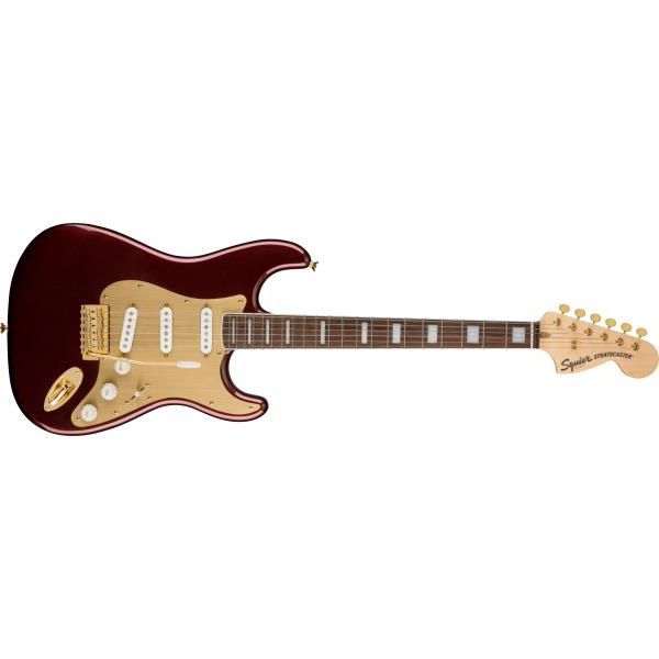 Squier-ストラトキャスター タイプ40th Anniversary Stratocaster®, Gold Edition, Laurel Fingerboard, Gold Anodized Pickguard, Ruby Red Metallic