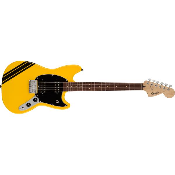 Squier-ピックガードFSR Bullet® Competition Mustang® HH, Laurel Fingerboard, Black Pickguard, Graffiti Yellow with Black Stripes